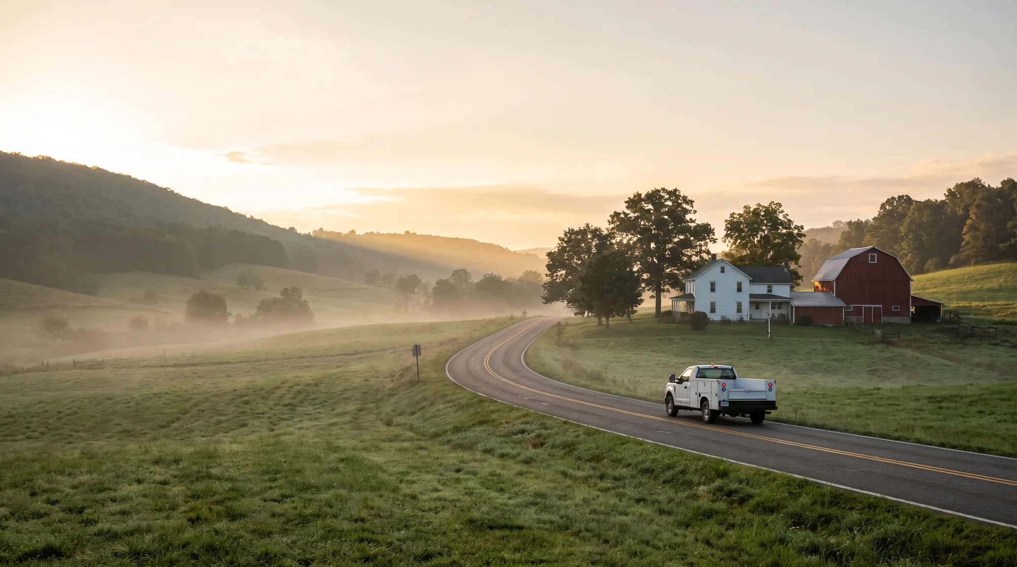 AI-generated illustration of a service truck on a misty country road heading toward a farmhouse and red barn in rolling Western Pennsylvania hills