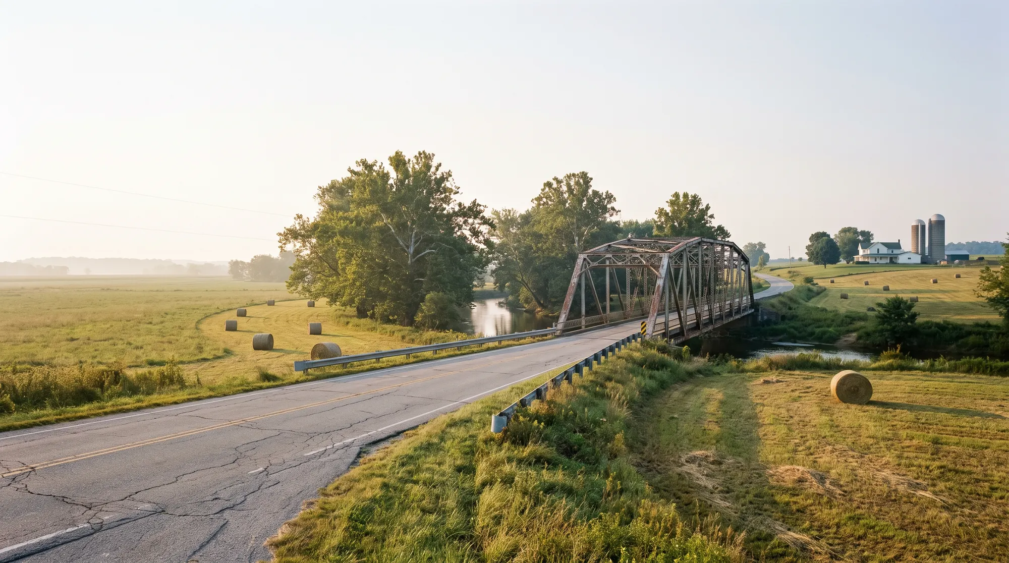 AI-generated illustration of a quiet two-lane rural highway curving toward a steel truss bridge over a river, with hay bales in a mown field and a white farmhouse and silos on a distant hill