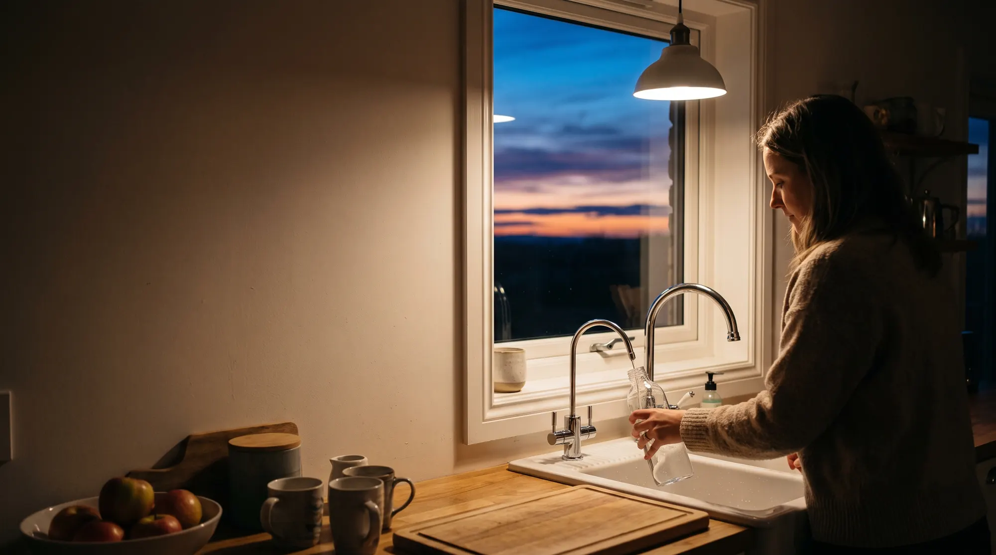 AI-generated illustration of a woman filling a glass water bottle from a small drinking-water tap beside the kitchen faucet, evening light through the window