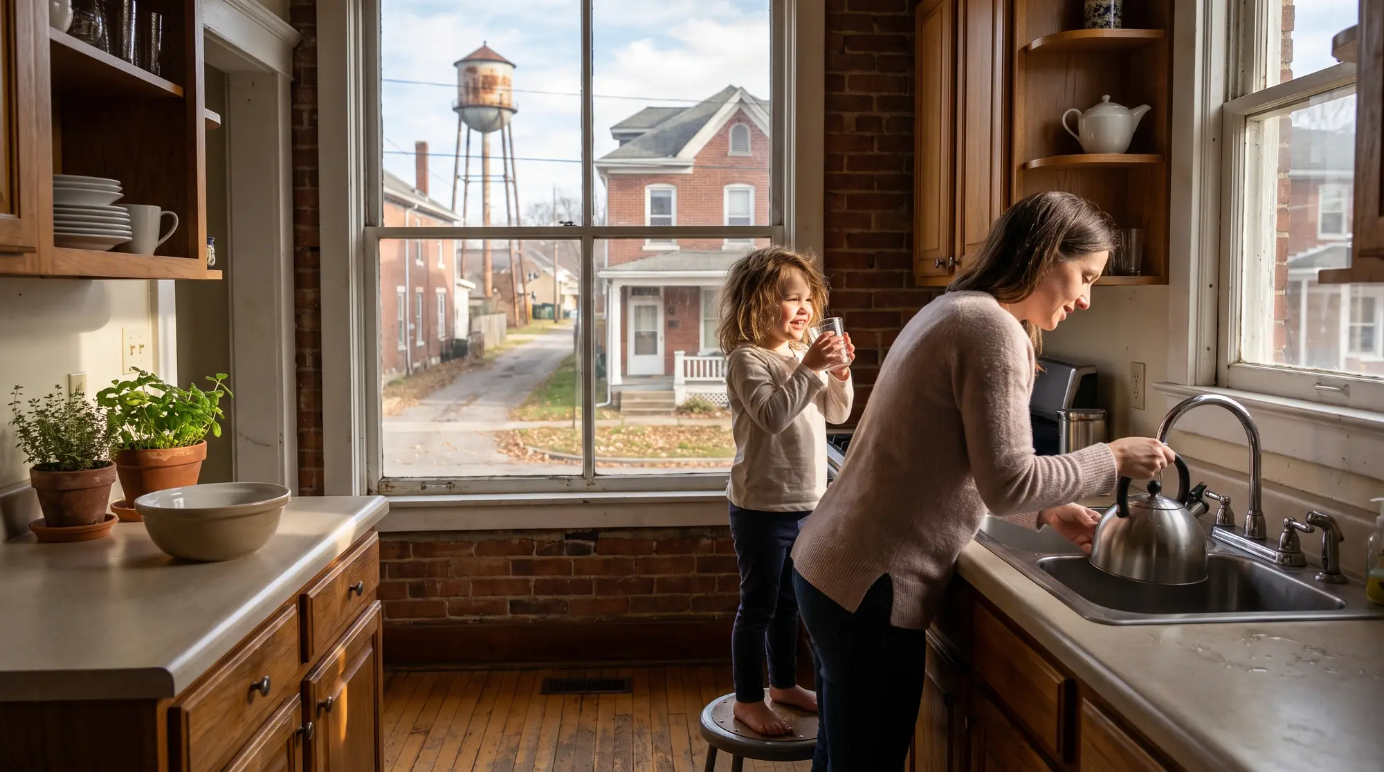 AI-generated illustration of a mother filling a kettle while her daughter holds up a glass of water at a kitchen window, a brick borough street and a water tower outside