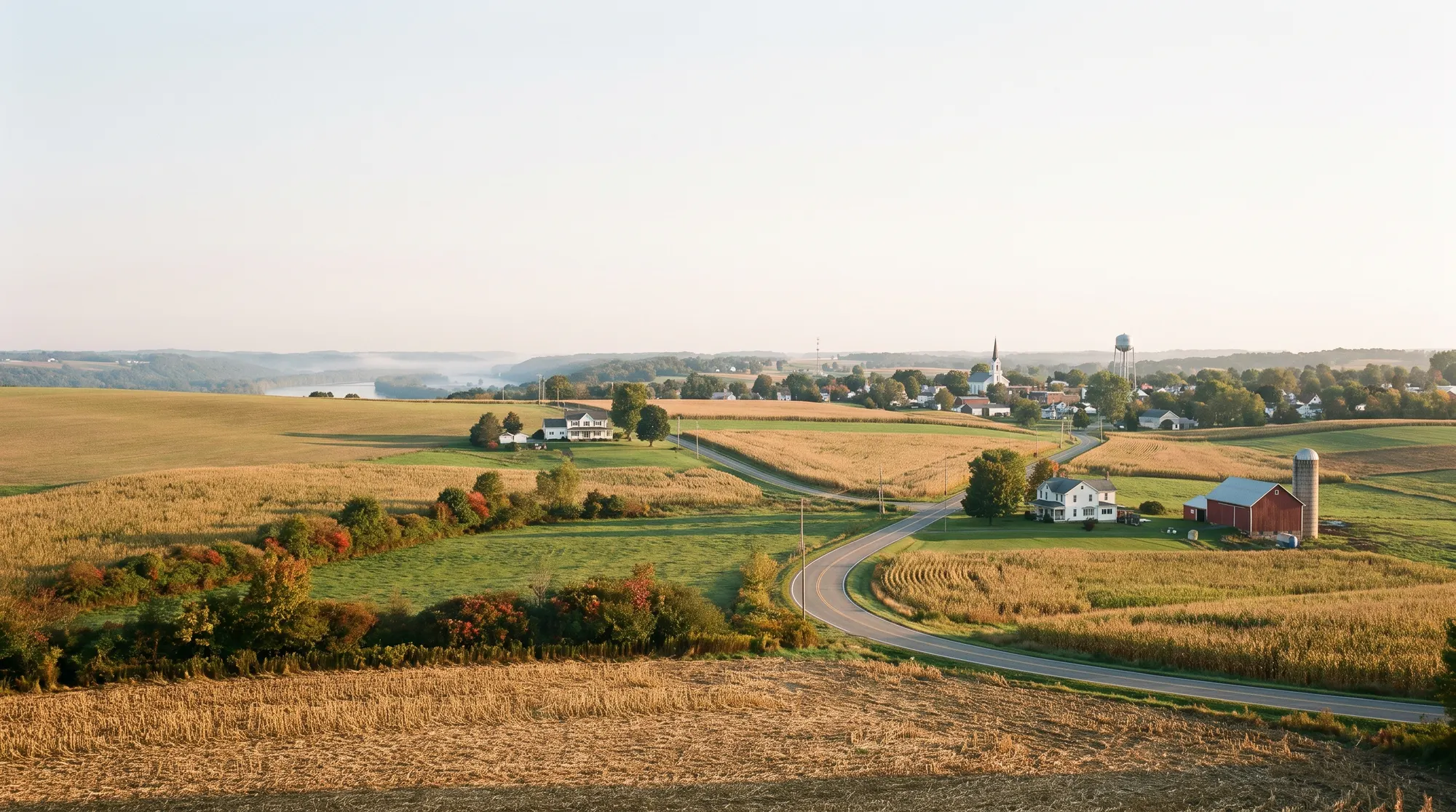 AI-generated illustration of rolling farm country at sunrise: harvested fields, a winding two-lane road, a white farmhouse and red barn, and a small town with a church steeple and water tower in the distance