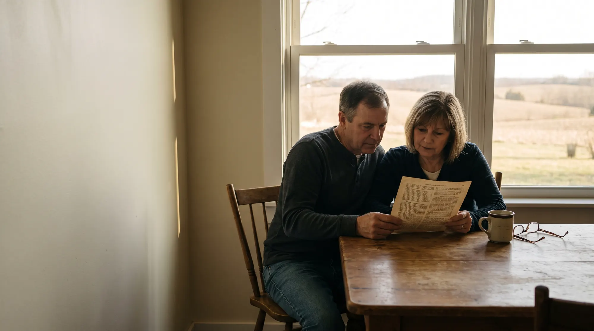 AI-generated illustration of a couple at a farmhouse kitchen table reading a printed estimate together in late afternoon light
