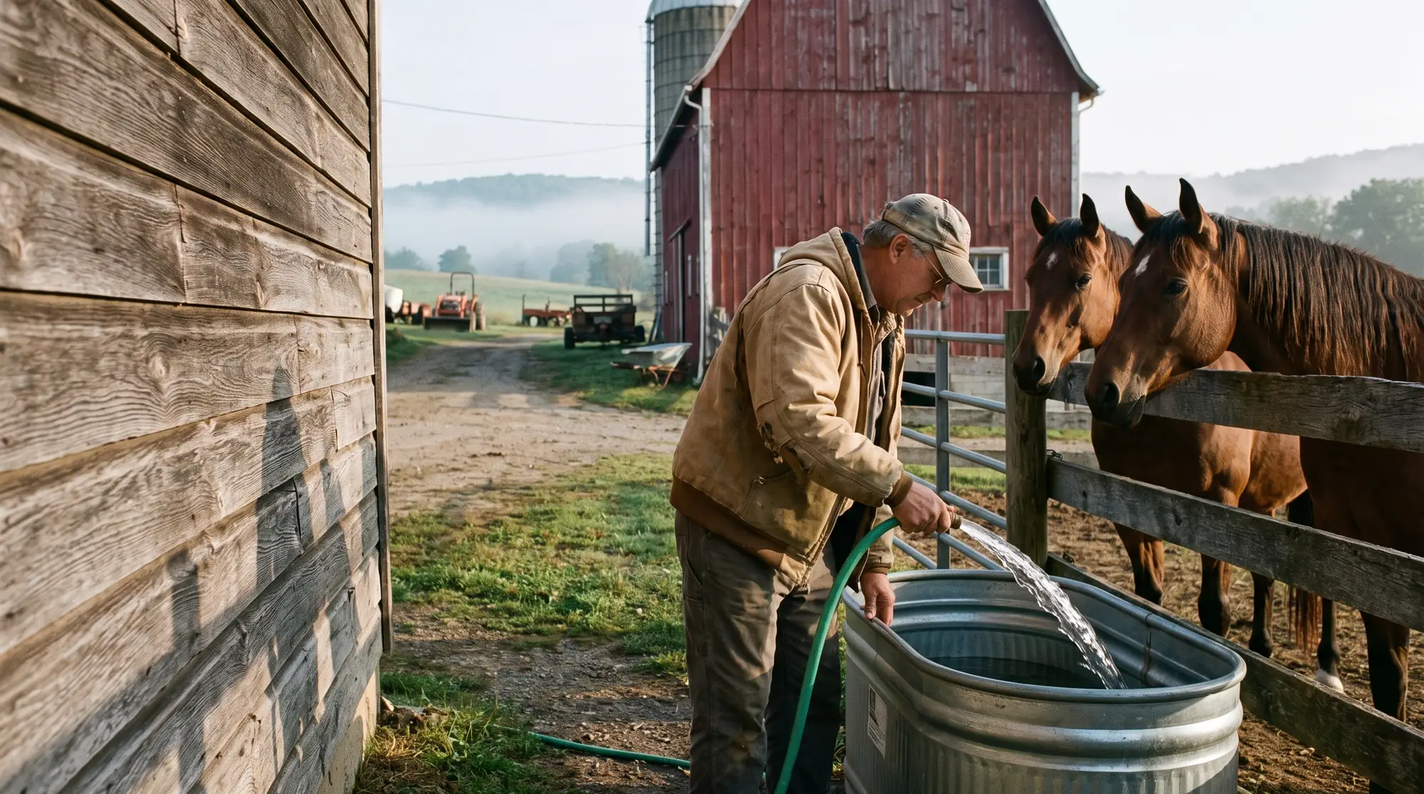 AI-generated illustration of a man filling a steel stock tank from a hose at a small farm, two horses at the fence and a red barn behind, early morning