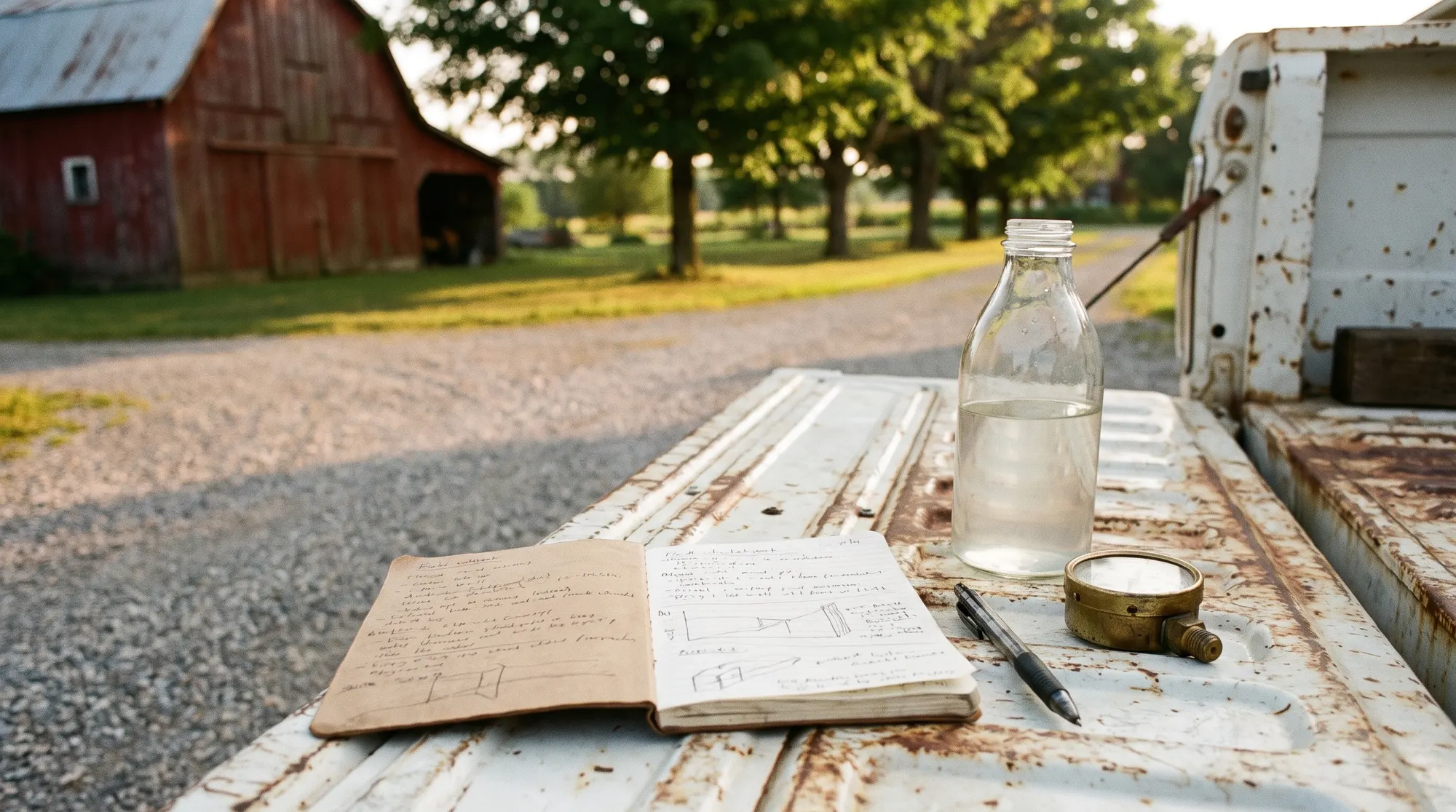 AI-generated illustration of a field notebook, a water sample bottle, and a brass pressure gauge on a truck tailgate in a farm driveway