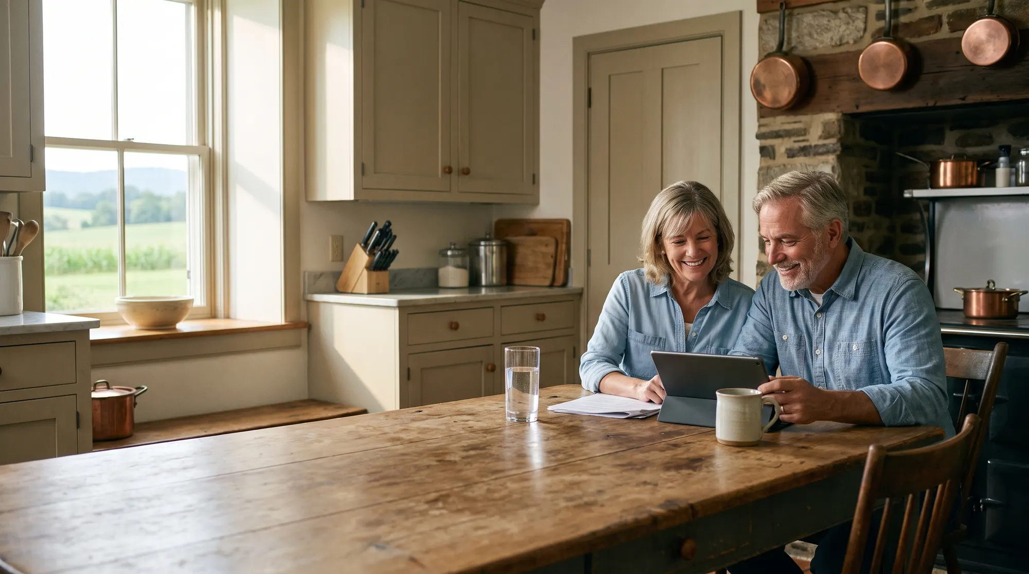 AI-generated illustration of a couple at a farmhouse kitchen table looking over paperwork on a tablet, a glass of water beside them