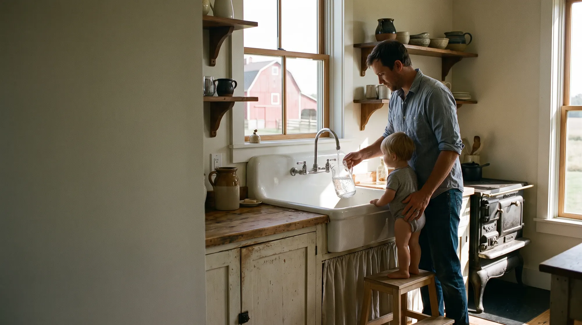 AI-generated illustration of a father filling a glass pitcher at a farmhouse kitchen sink while a small child on a step stool watches, morning light