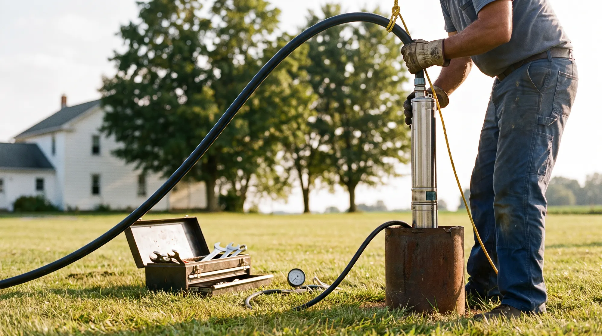 AI-generated illustration of a technician lifting a stainless submersible pump out of a steel well casing in a farmhouse yard