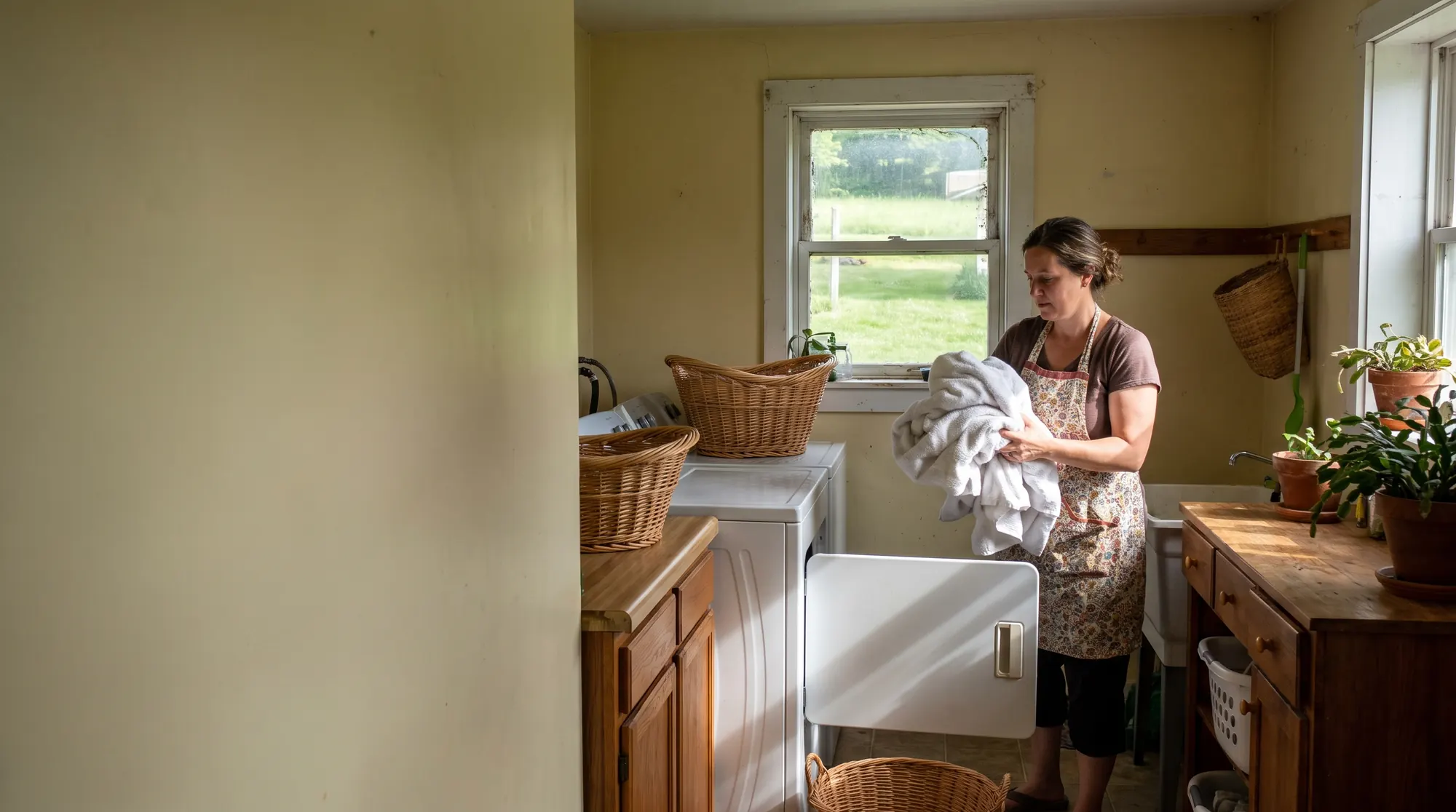 AI-generated illustration of a woman lifting a stack of fluffy white towels out of a dryer in a bright farmhouse laundry room