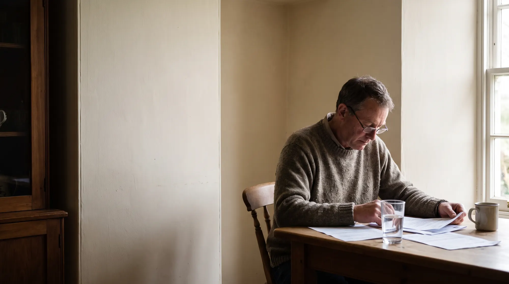 AI-generated illustration of a man at a farmhouse kitchen table reading a printed laboratory water report, a glass of water and a coffee mug beside it