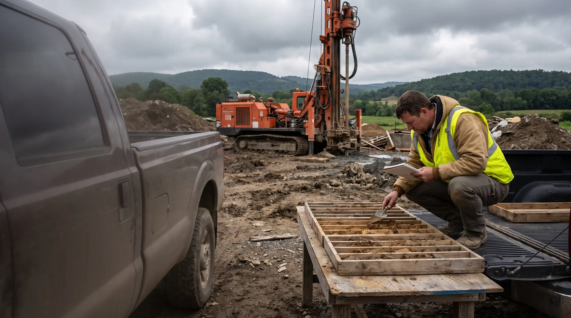 AI-generated illustration of a geologist in a hi-vis vest logging soil samples in wooden sample boxes on a pickup tailgate, a track-mounted drill rig behind under an overcast sky
