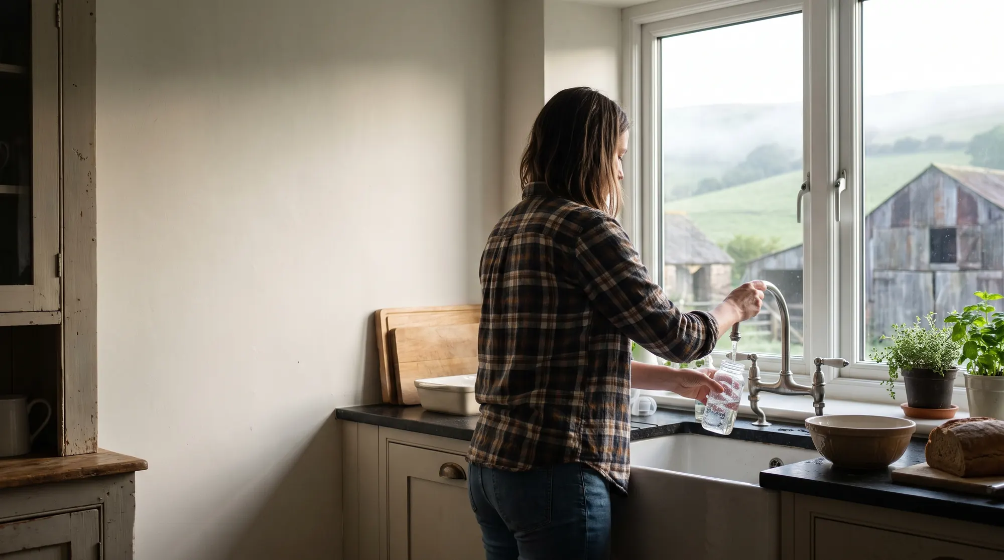 AI-generated illustration of a woman filling a glass with clear water at a farmhouse kitchen tap, green fields and a barn through the window