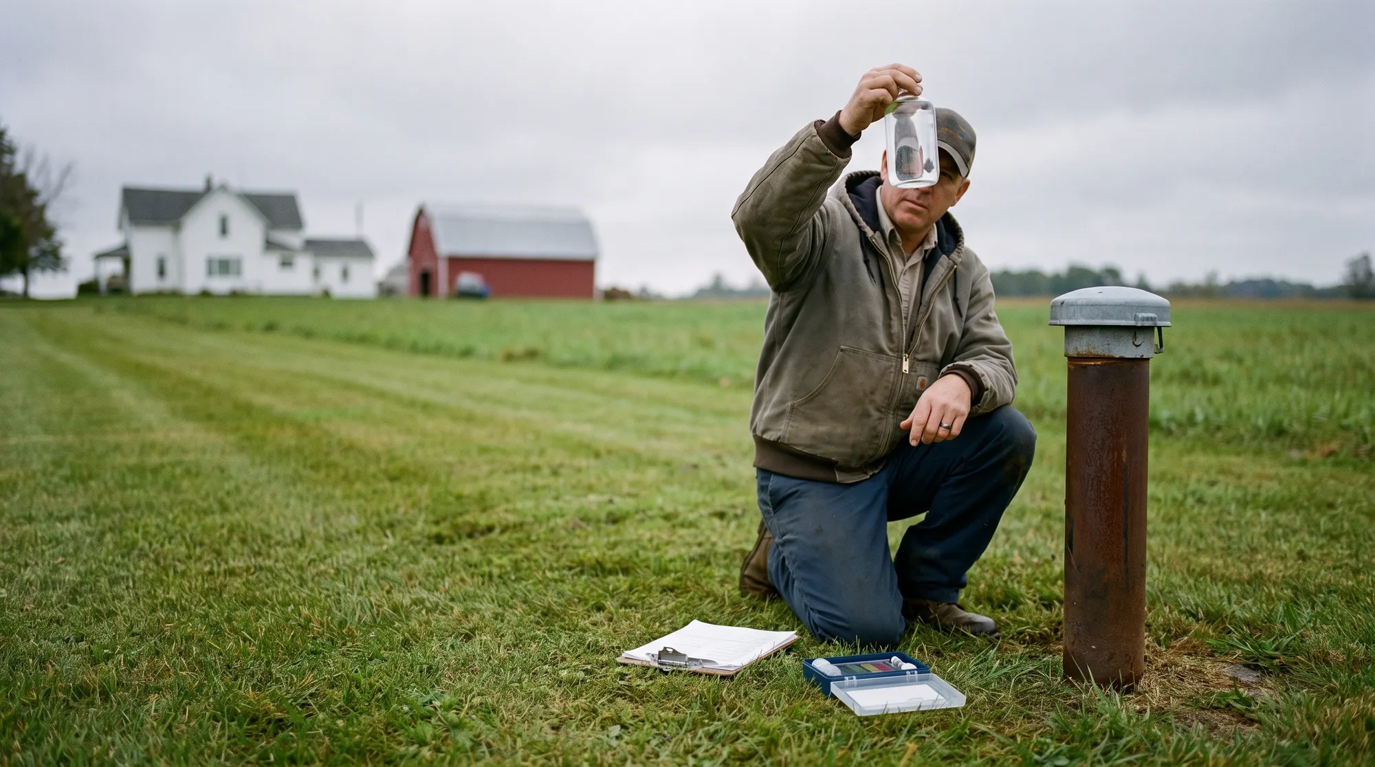 AI-generated illustration of a technician kneeling beside a capped well casing in a farm yard, holding a water sample up to the light