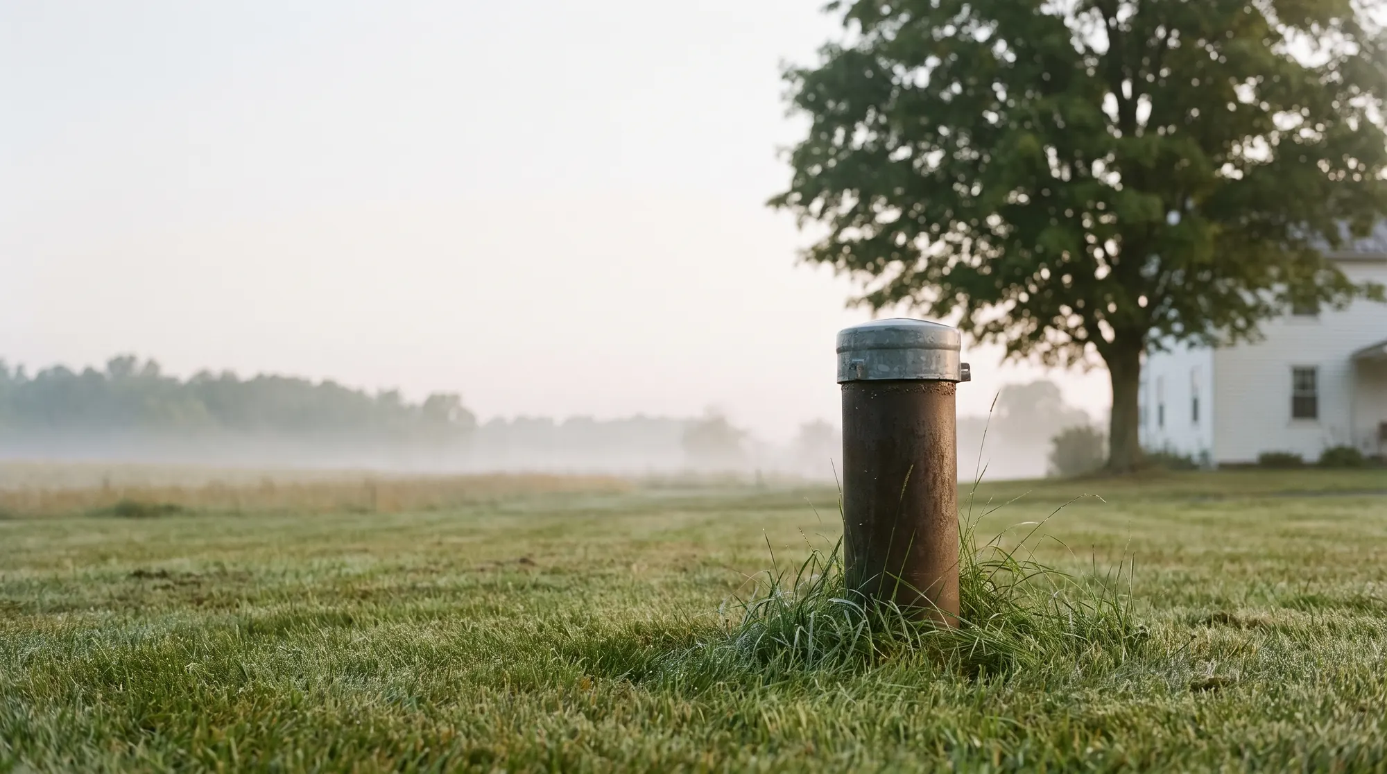 AI-generated illustration of a capped steel well casing in a dewy lawn at dawn, a white farmhouse and a maple tree behind it