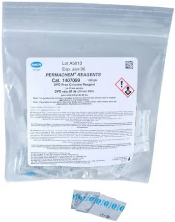 Bag of Hach DPD free chlorine reagent packets, 10 mL, 100 tests