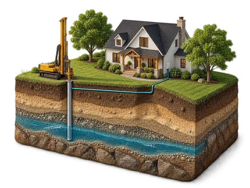 Illustrated home and well above a cutaway of soil and groundwater